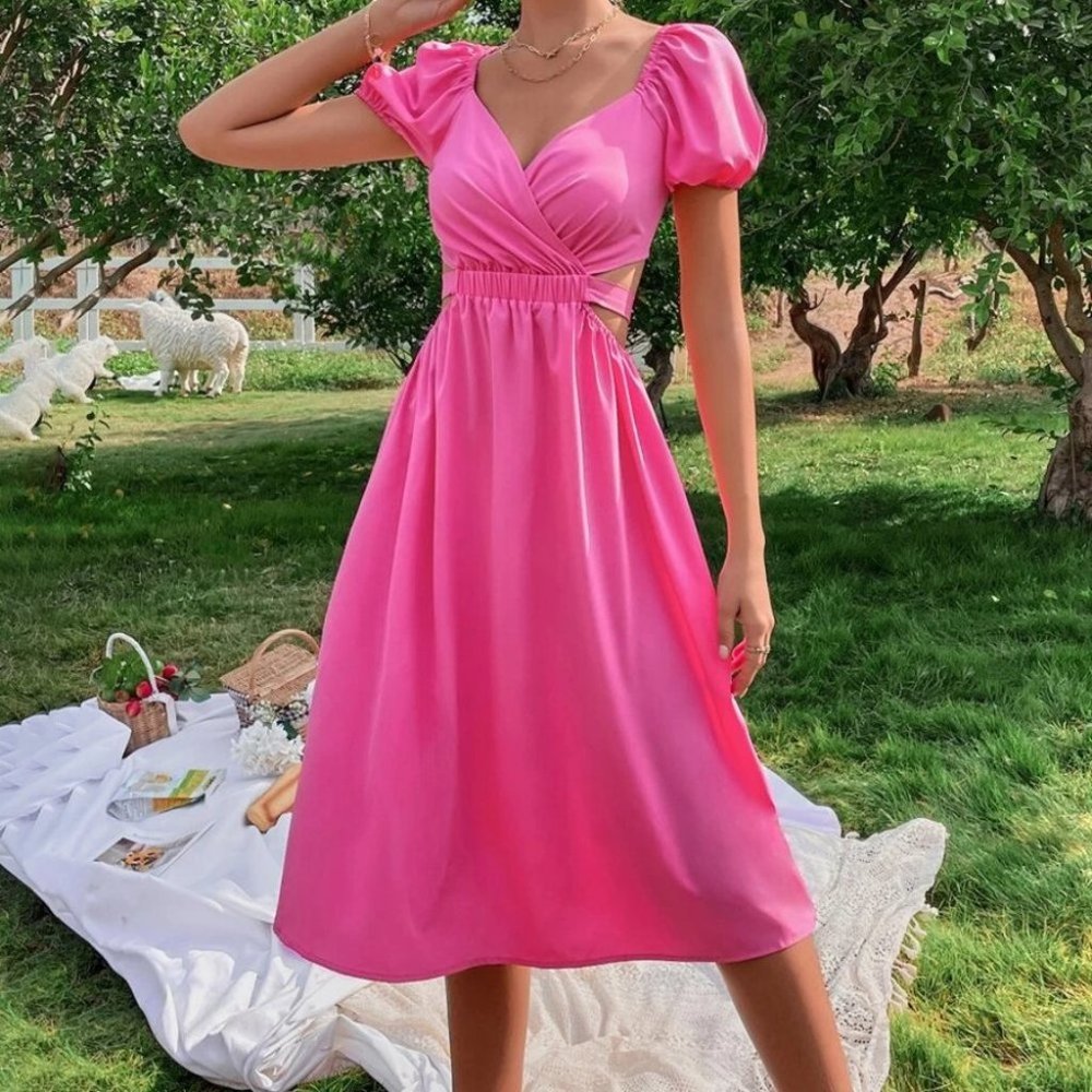 Pink Puff Sleeve Cut Out Waist Dress - Picture 3 of 6